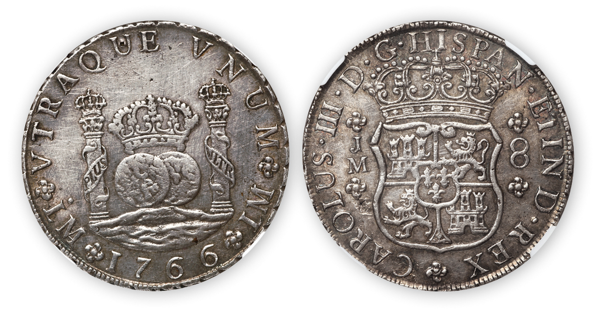 1766年西班牙卡洛斯三世8R双柱银币一枚，NGC AU Details拍卖成交价格及 