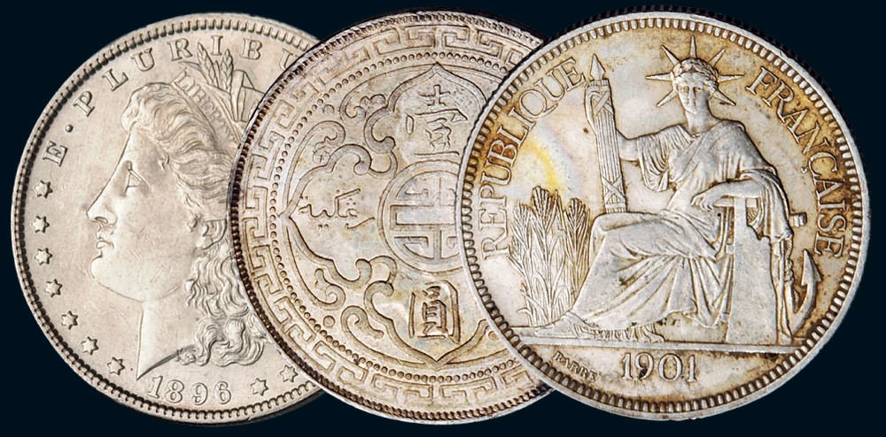 外国壹圆银币一组三枚，1896年美国鹰洋、1900年英国站洋、1901年法国座洋各一枚拍卖成交价格及图片- 芝麻开门收藏网