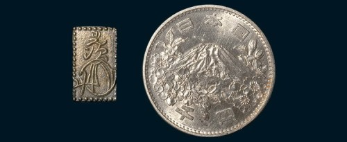 日本钱币二枚：明治二分金金币；1964年东京奥运会1000圆银币