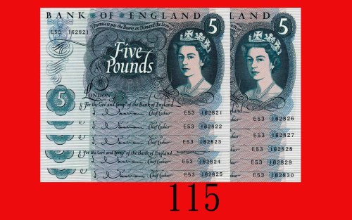 英伦银行 5镑，连号10枚(1964-66)。均全新Bank of England, 5 Pounds, ND (1964-66), s/ns E53 162821-830. SOLD AS IS/N