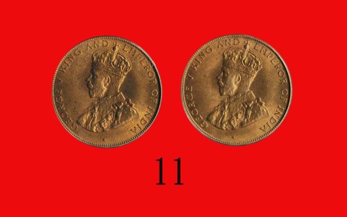1934年香港乔治五世铜币一仙，两枚George V, Bronze 1 Cent, 1934 (Ma C6). Both PCGS MS65RD (2 pcs)