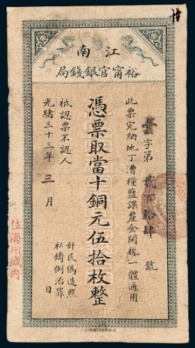 光绪三十三年（1907年）江南裕甯官银钱局当十铜元伍拾枚