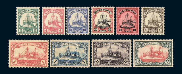 ★1905-1919德国在华邮局胶州湾中国币值有水印特印邮票十枚全二套