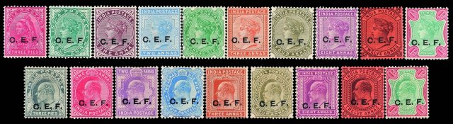 ★1900年英国在华军邮局第一次加盖“C.E.F.”远征军邮票十枚全（Chan FBM1-10）；1904-1911年英国在华军邮局第三次加盖“C.E.F.”远征军邮票九枚全