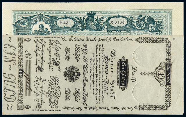 1800年奥地利维也纳市立银行纸币1吉尔德、1943年意大利银行50里拉/为PMG 55、PCGS 64OPQ