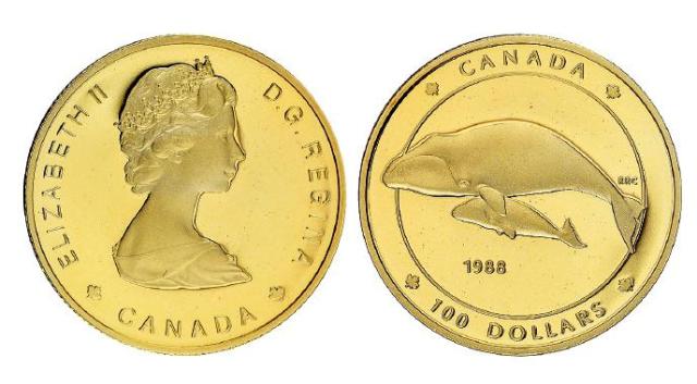 1988年加拿大发行英国女王伊丽莎白二世像100加拿大元纪念金币