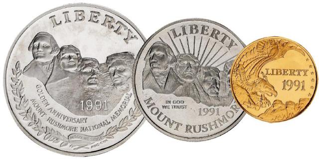 1991年美国拉什莫尔山纪念币三枚套装