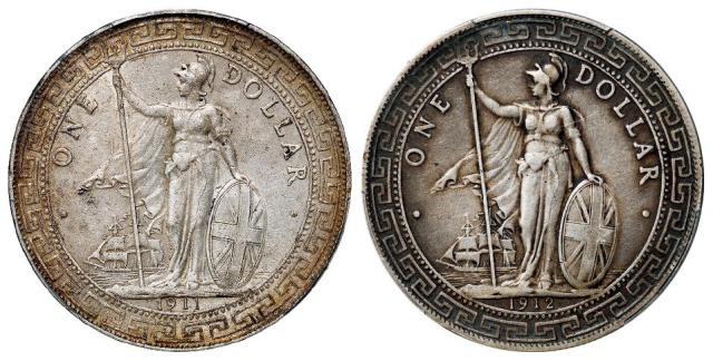 1911年(B)、1912年(B)香港贸易银元“站人”壹圆银币各一枚/PCGS AU55、XF45