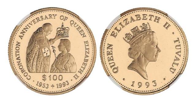 1993年图瓦卢发行英国女王伊丽莎白二世加冕四十周年纪念100图瓦卢元金币/NGC PF69 ULTRA CAMEO