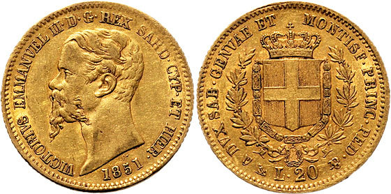 1851年意大利二十里拉金币