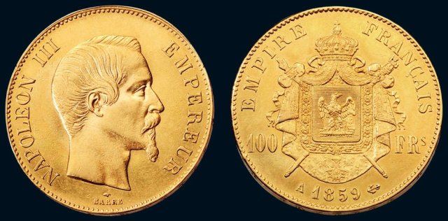 1859年法兰西第二帝国拿破仑三世一百法郎金币