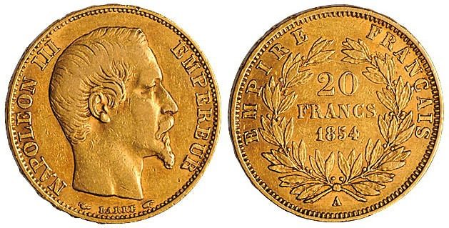 1854年法国拿破仑三世20法郎金币