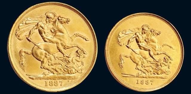 1887年英国维多利亚女王像马剑一盎司、半盎司金币各一枚