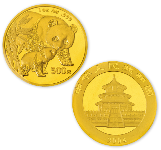 2004年1盎司熊猫金币，带盒。面值500元，直径32mm，成色99.9%，发行量55000枚。
