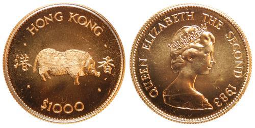 Hong Kong, gold $1000, 1983, Year of the Pig, in its original box, no certificate, mintage of 33,000
