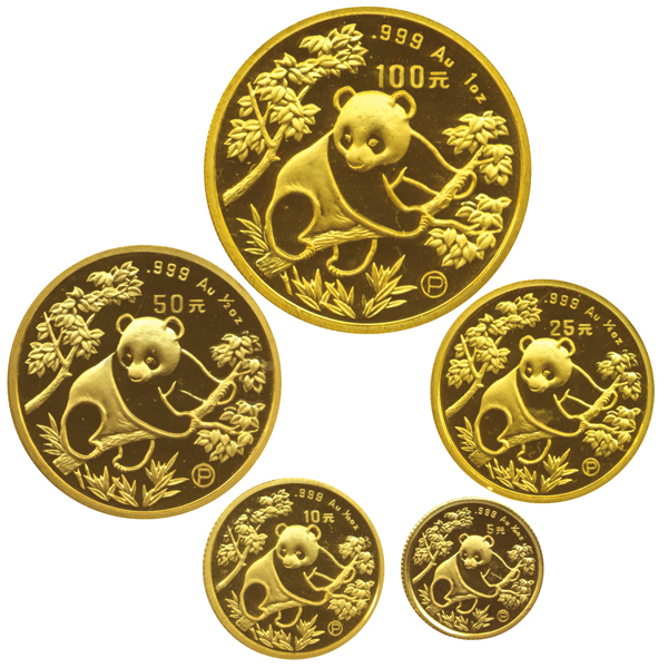 1992年熊猫P版精制纪念金币1盎司等100元~5元多枚金币   完未流通