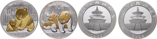  ChinaVolksrepublik seit 1949.2 X 1 Unze Panda Silber mit Goldapplikation: 2010 und 2012. In Kapseln