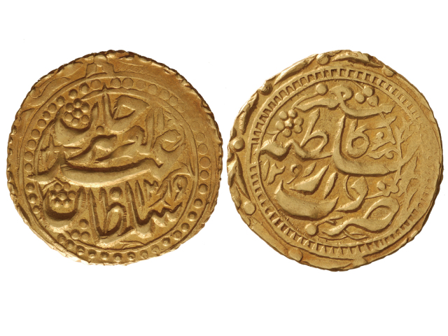 1874年（AH1291）新疆“阿古柏”（yaakub）金币（又名铁勒金币Tilla），NGC AU55
