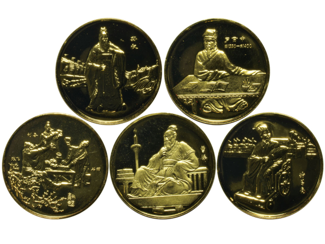 1993年三国演义纪念章一套5枚，黄铜镀金