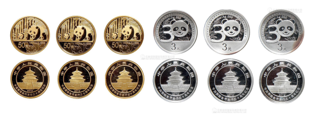 2012年熊猫金币发行30周年纪念金币1/10盎司、1/4盎司银币共三套 完未流通