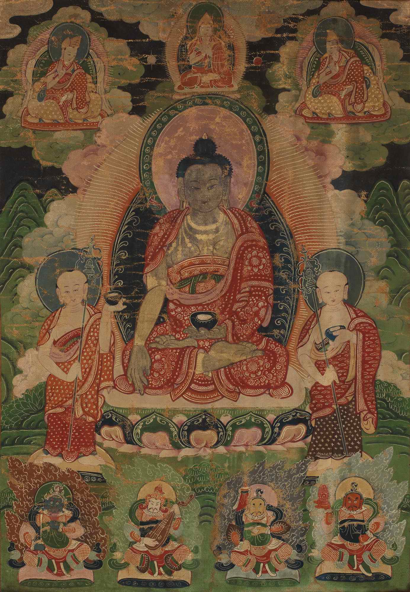 装裱形式：质地：SAKYAMUNI&ANANDA&MAHAKASSAPA 18世纪释迦牟尼一佛二弟子