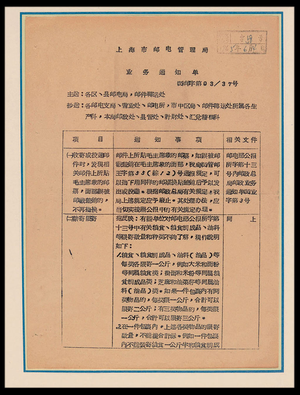 COL 1965年上海市邮电管理局“业务通知单”一份