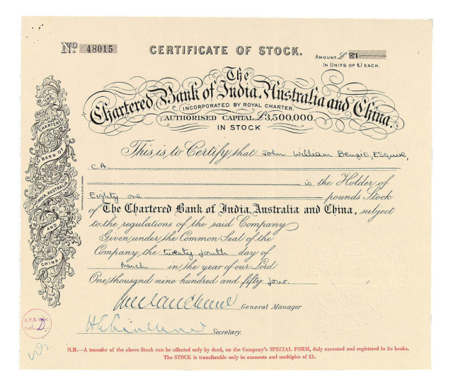 1954年印度新金山渣打汇理银行股票81股一枚
