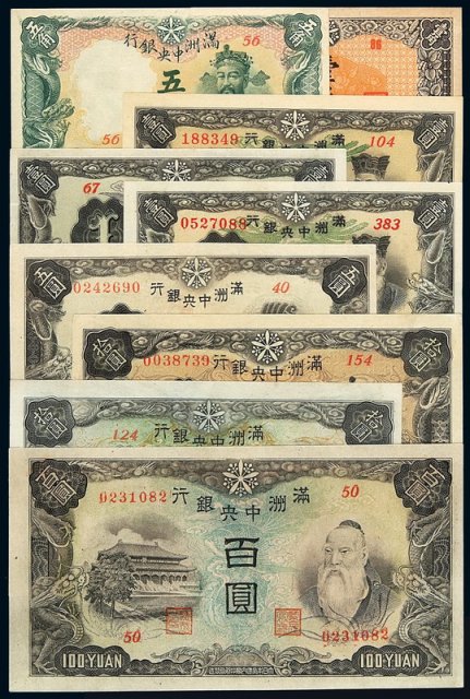 民国时期满洲中央银行纸币一组九枚