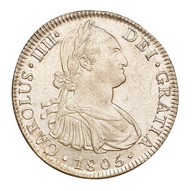 1805年卡洛斯像西班牙双柱银币一枚