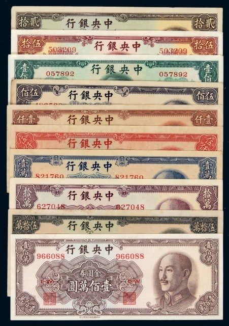 民国时期中央银行不同年份、不同面额纸币一组十枚