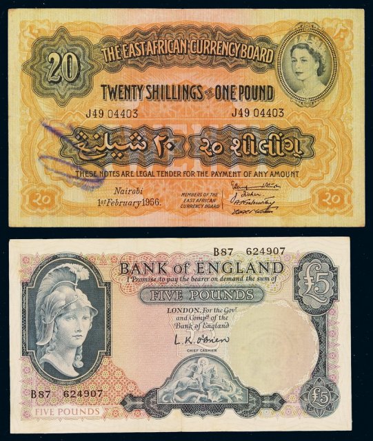 1956年英属东非纸币一磅一枚；英国银行纸币五磅一枚
