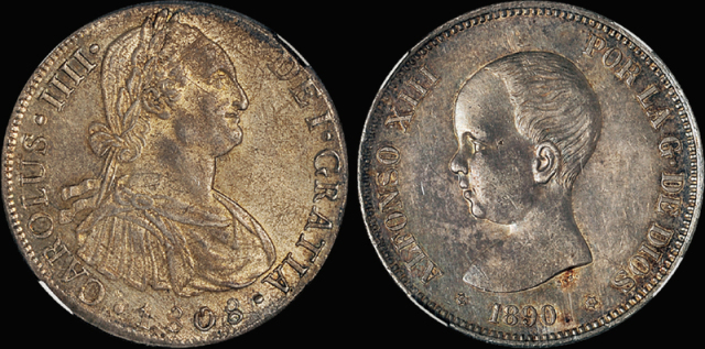 西班牙1808年8R、1890年5Ptas银币/NPGS UNC Genuine、NPGS MS63