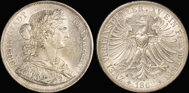 1862年德国法兰克福2Th银币/PCGS MS62金盾