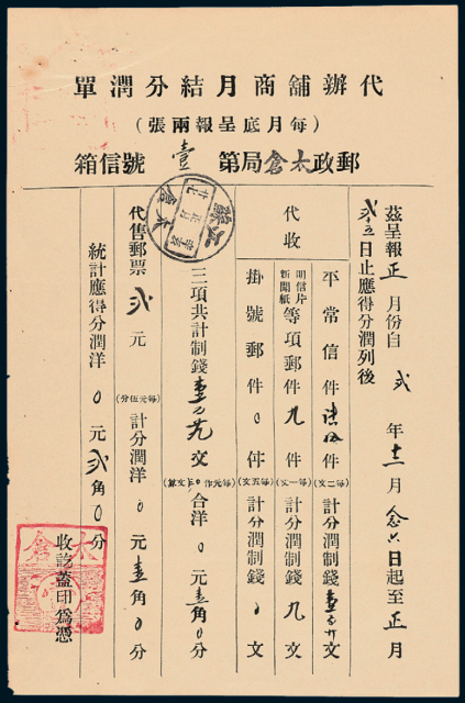 1911年大清邮政太仓局第壹号信箱代办铺商月结分润单