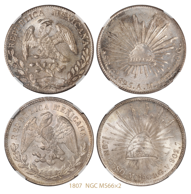 1895、1909年墨西哥“鹰洋”银币各1枚/均NGC MS66
