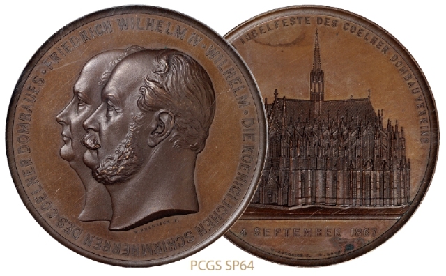 1867年普鲁士国王弗里德里希·威廉一世及四世头像大型纪念铜章/PCGS SP64
