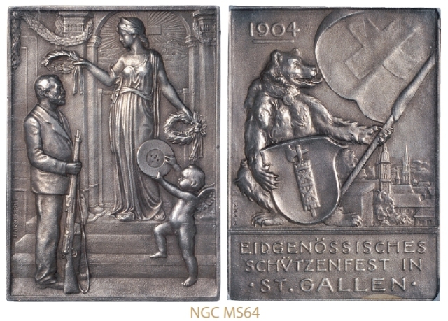 1904年瑞士圣加仑狩猎节纪念银章/NGC MS64