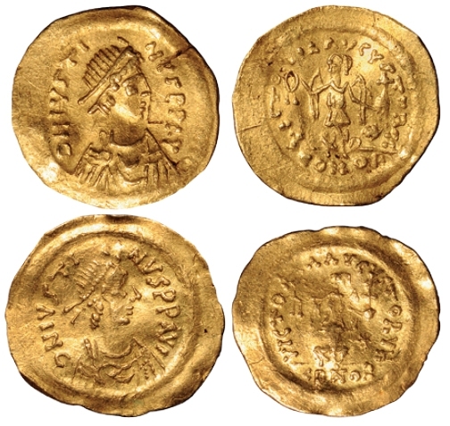 七世纪东罗马拜占庭帝国皇帝查斯丁二世半身像1/3索利多金币二枚