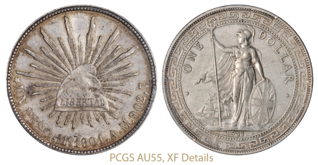 1901年墨西哥“鹰洋”、1911年香港“站人”壹圆银币各一枚，PCGS AU55、XF Details