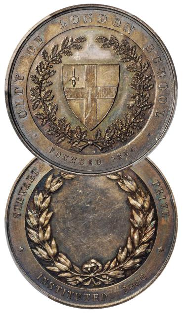 1866年英国伦敦城市学校斯图尔特纪念奖设立纪念银章/PCGS SP63