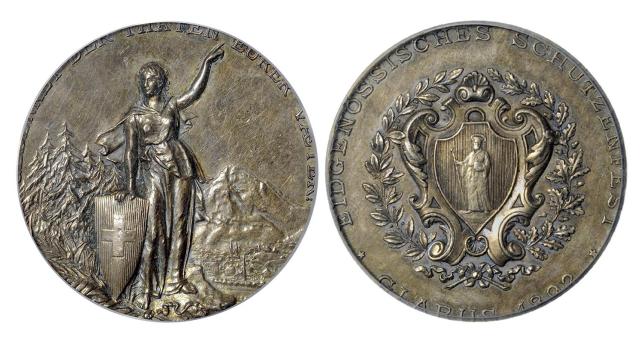 1892年瑞士格拉鲁斯射击节纪念银章/PCGS SP58
