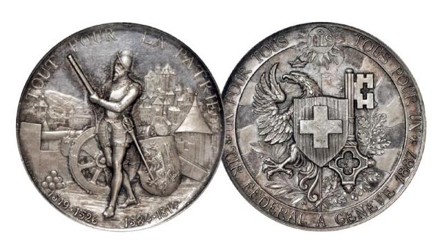 1887年瑞士日内瓦射击节纪念银章/NGC MEDAL MS64