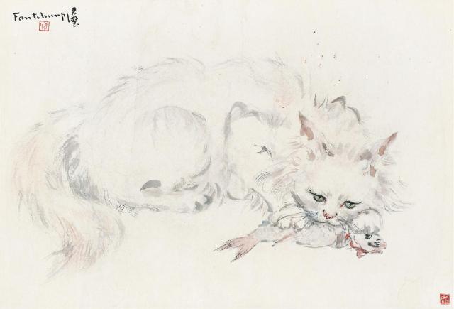 方君璧 吃小鱼的白猫  
