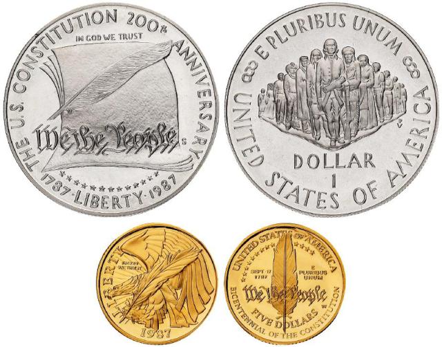 1987年美国宪法制定二百周年纪念币二枚套装