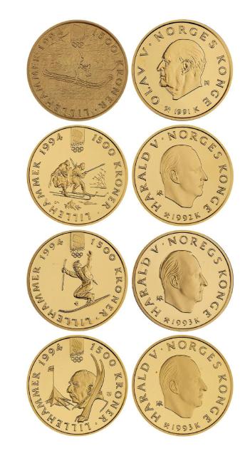 1991-1993年挪威发行第17届冬季奥林匹克运动会纪念金币四枚套装