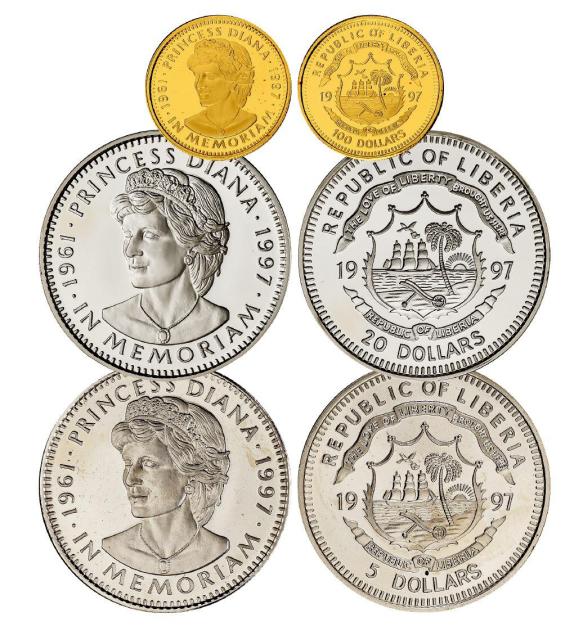 1997年利比里亚发行戴安娜王妃逝世纪念币三枚套装