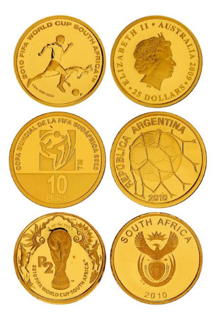 2009、2010年发行第19届南非世界杯足球赛纪念金币三枚套装