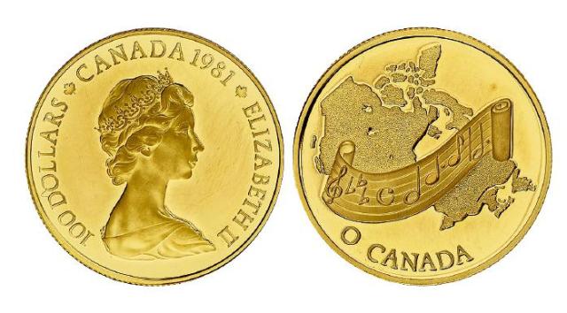 1981年加拿大发行英国女王伊丽莎白二世像100加拿大元纪念金币