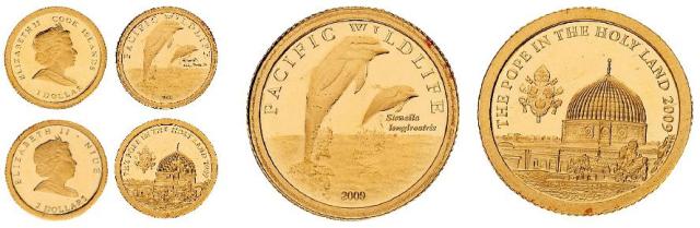 2009年纽埃发行太平洋野生动物、库克群岛发行罗马教皇访问圣城耶路撒冷纪念金币各一枚