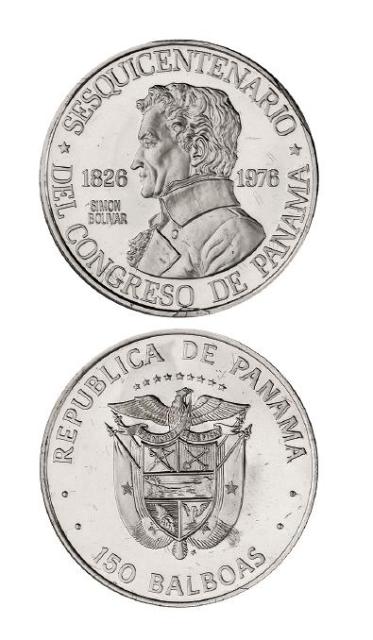 1976年巴拿马美洲大陆会议召开一百五十周年纪念150巴波亚铂金币